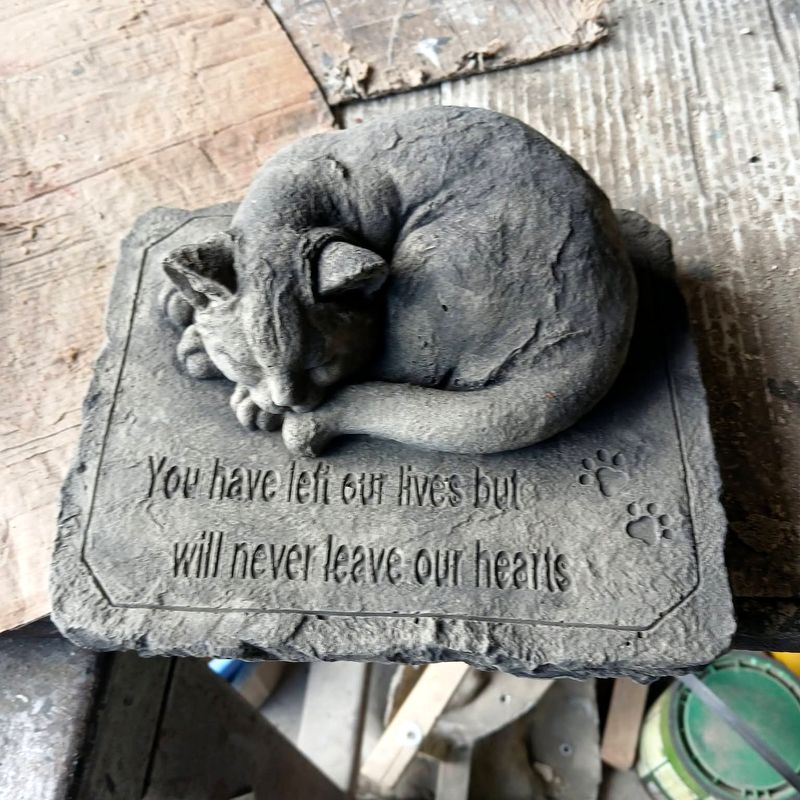 Memorial stone with a curled sleeping cat and the words: you have left our lives but will never leave our hearts