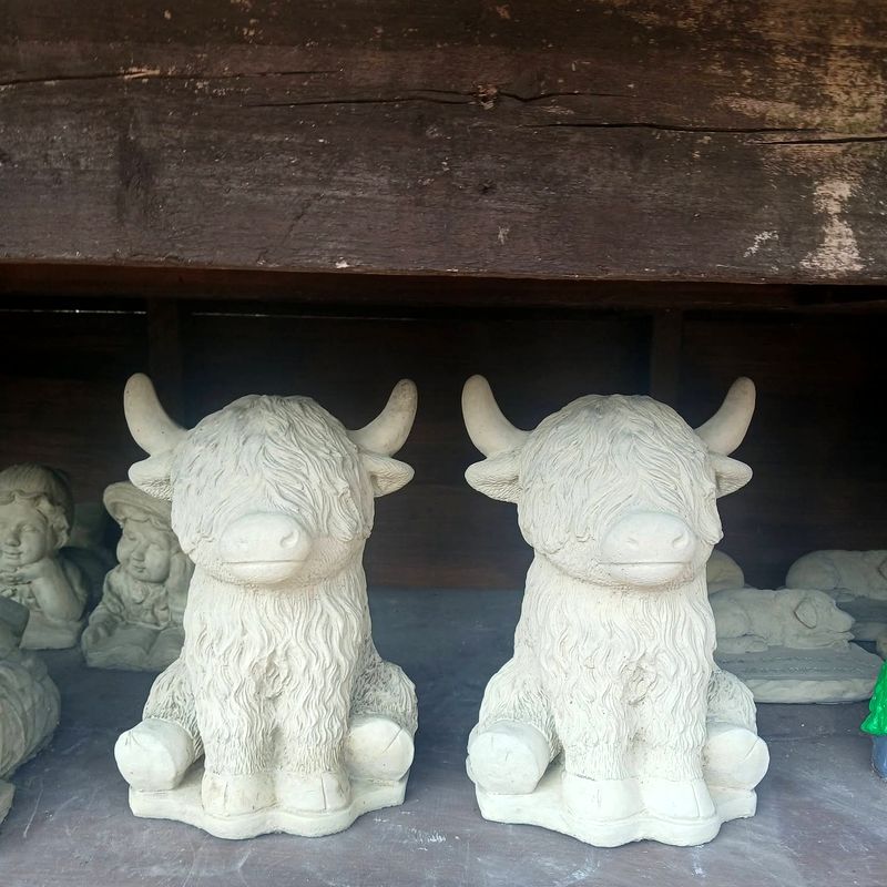 Two seated Highland cow statues in natural pale concrete