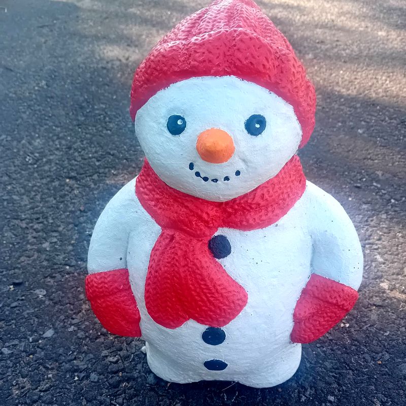 Hand-painted snowman with a red knitted hat, scarf and mittens
